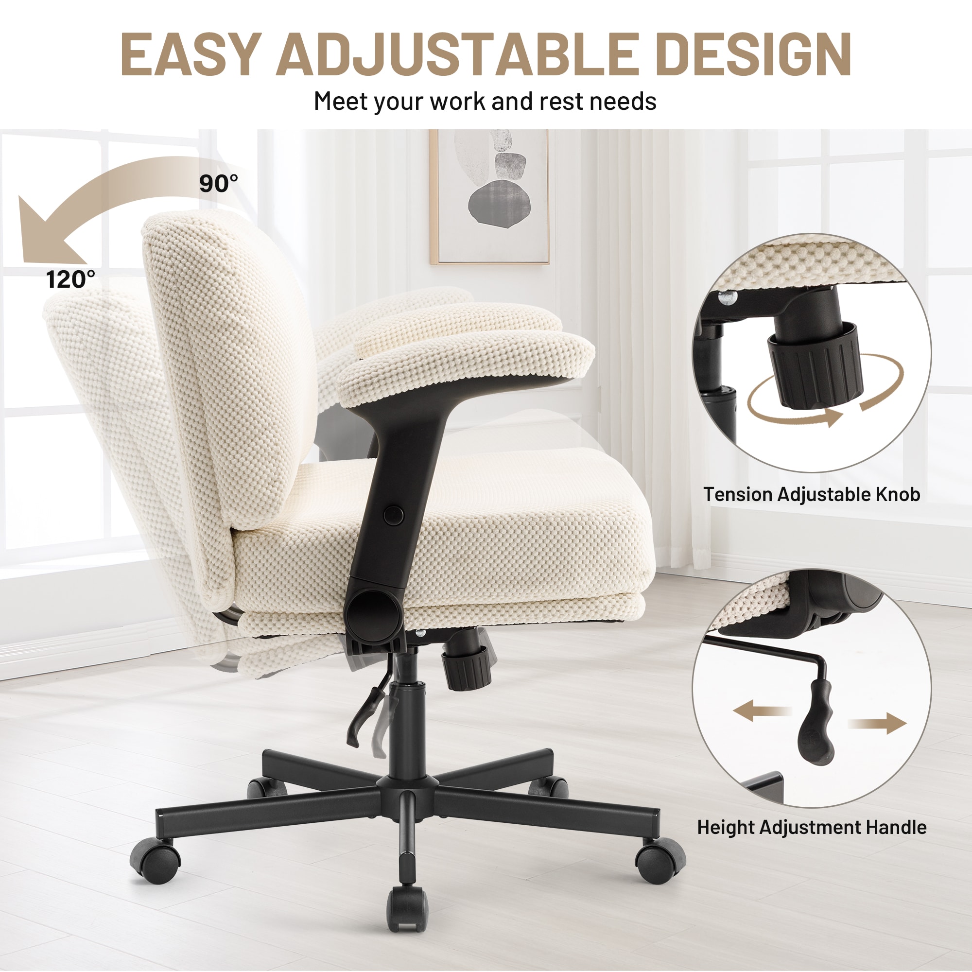 Criss Cross Chair With Wheels And Flip Arms- Comfy Fabric Cross Legged Office Chair With Thick Cushion&Wide Seat, Adjustable Swivel Desk Chair For Home Office, Apartment, Bedroom_voghion.com